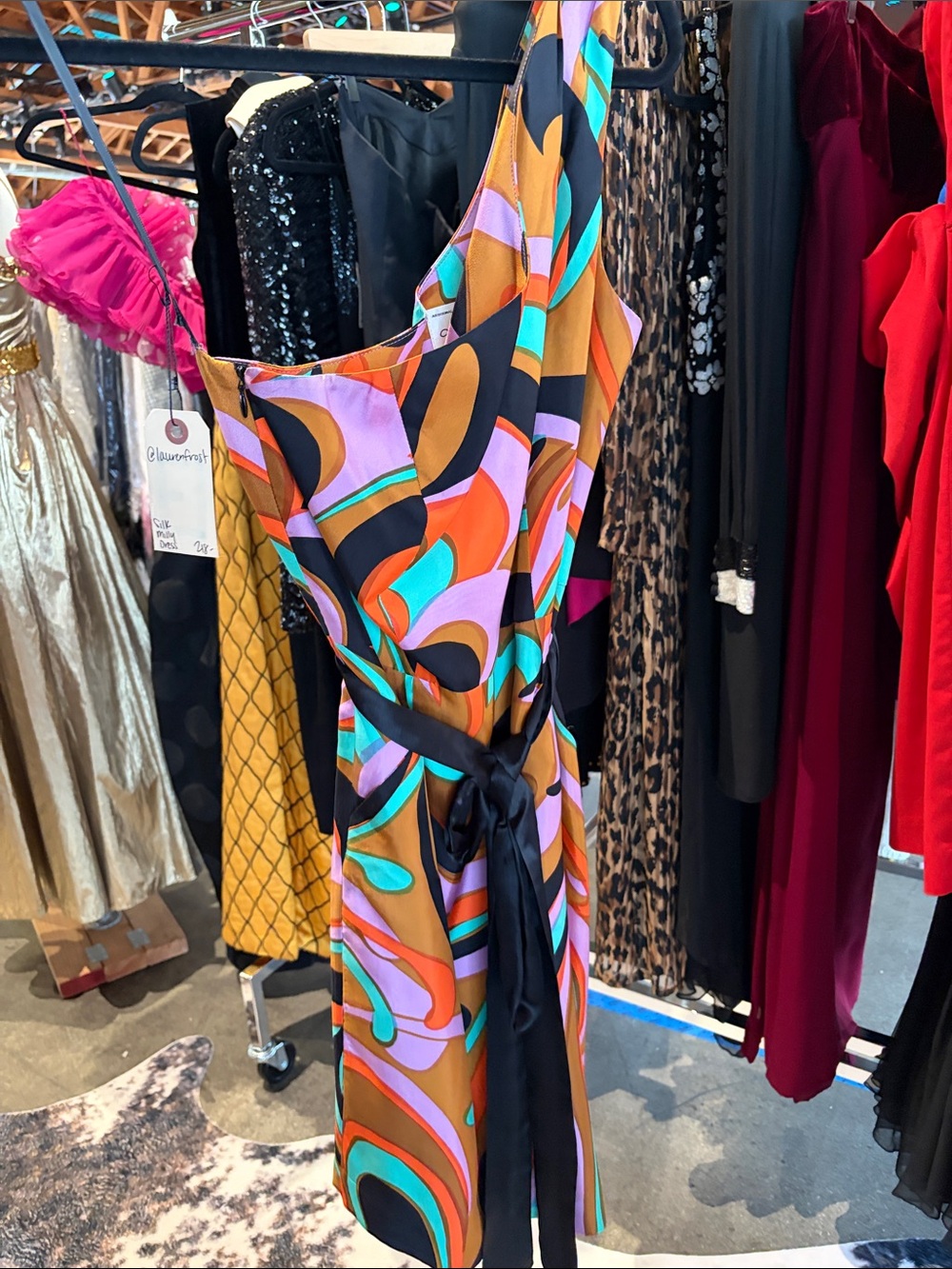 Abstract Print One-Shoulder Wrap Dress in Orange and Teal